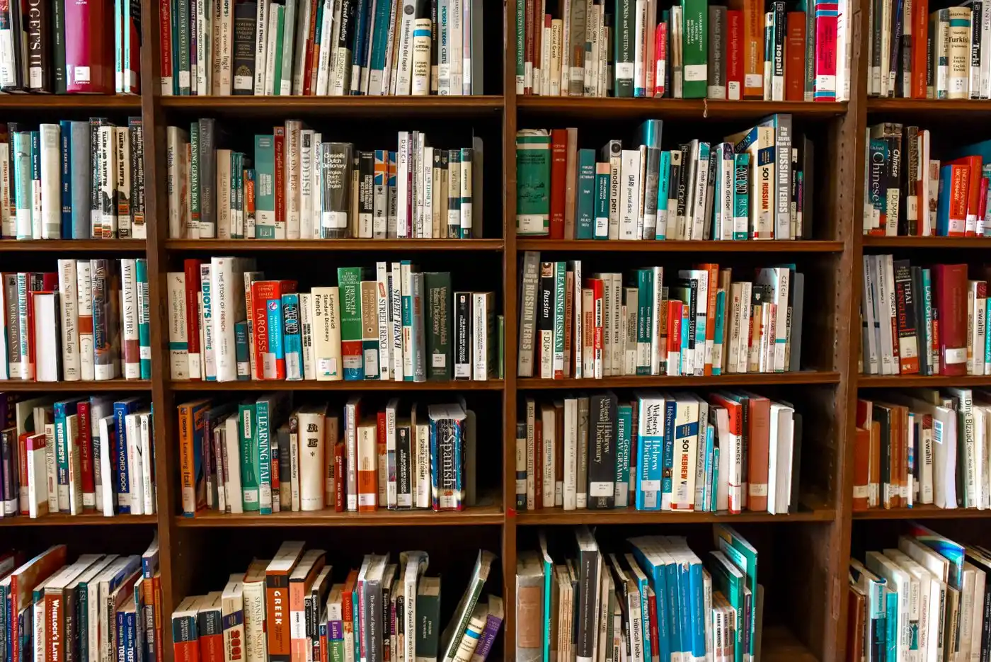 Shelves of bound reference volumes.
